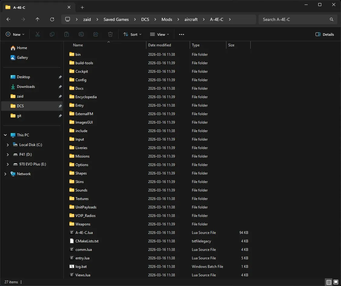 Screenshot of the A-4E-C folder in the DCS Mods directory